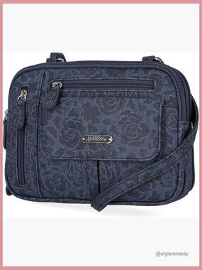 Triple Compartment Crossbody Bag with Faux Leather Floral Pattern